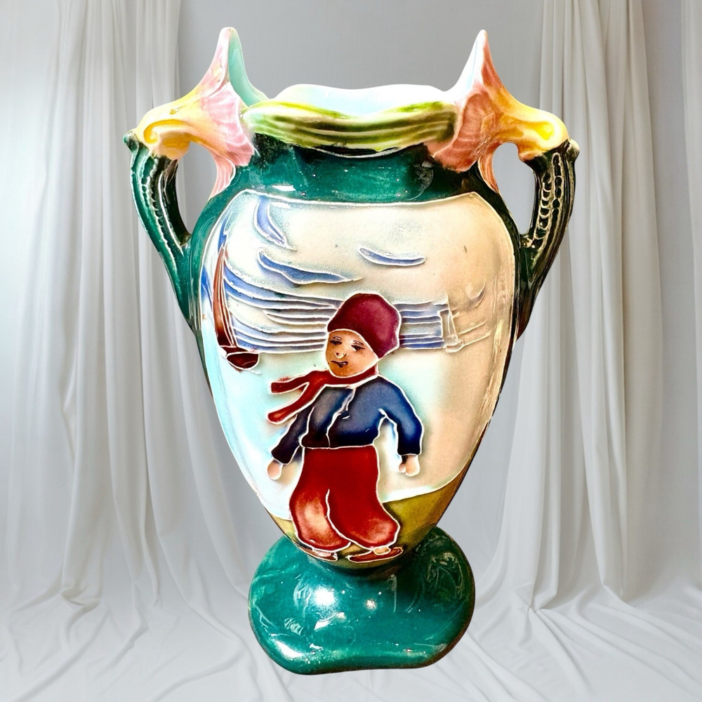 Vintage Green Floral-handles Vase w Boy and Sailing Ship Majolica Finish #8560